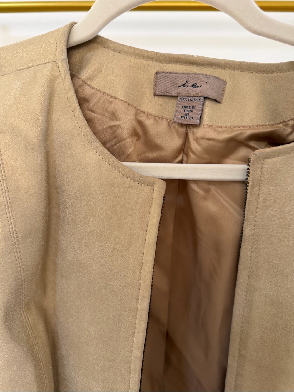 b.e. Women's Suede Collarless Leather Jacket in Tan